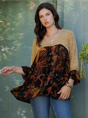 Mixed-Media Floral Tunic Top in Mustard and Black